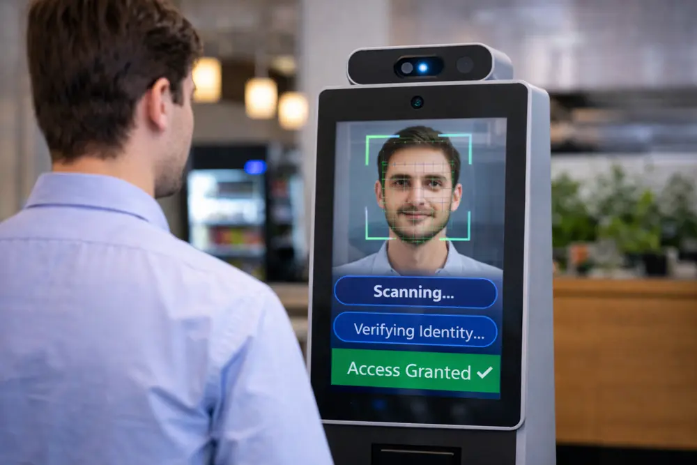Employee using face recognition biometric kiosk for contactless canteen access
